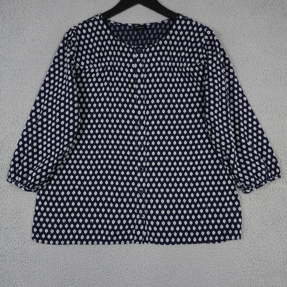 Talbots Shirt Womens Medium Blue White Button Up Embroidered 3/4 Sleeve Top